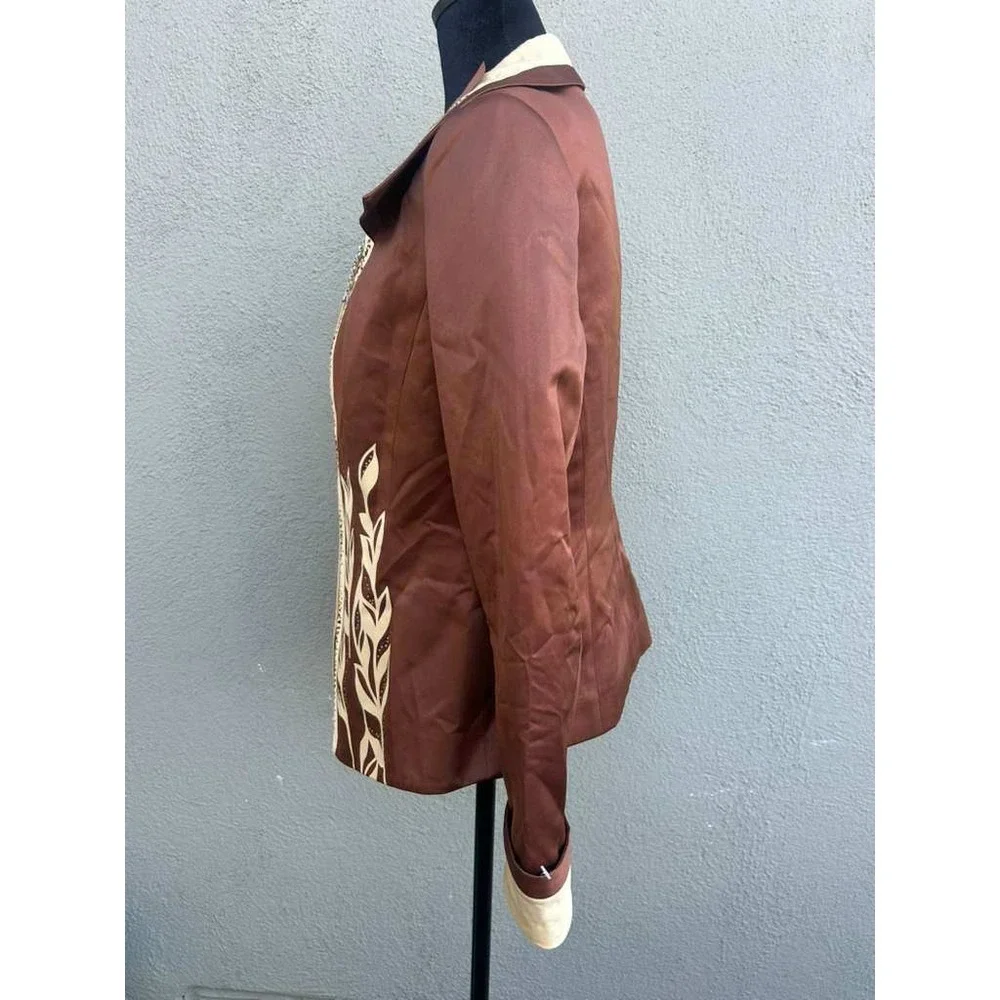 Sample Brown Satin Leaf Applique Rhinestone Blazer Jacket Size 6‎ Bronze Cream